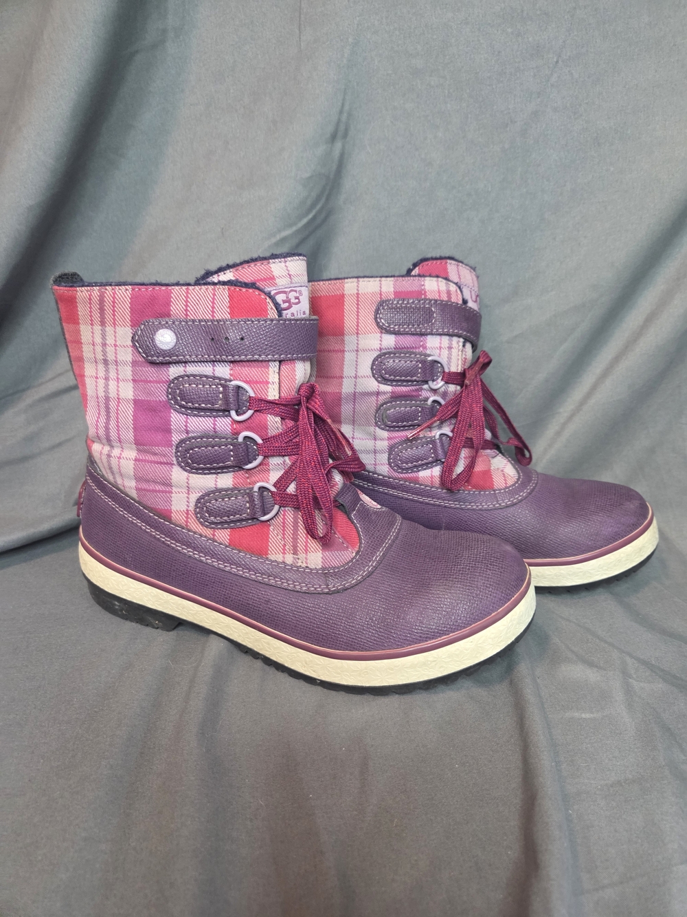 UGG Purple and Pink Plaid Lace-Up Winter Rain Boots